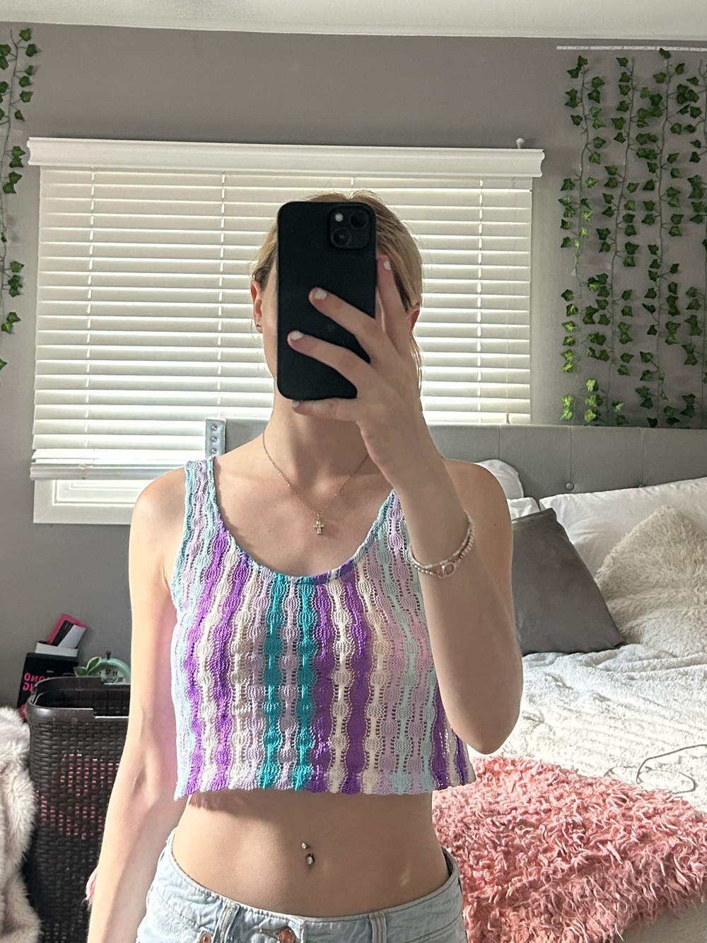 wild fable Crochet Stripe Tank Top - Purple, Teal & White